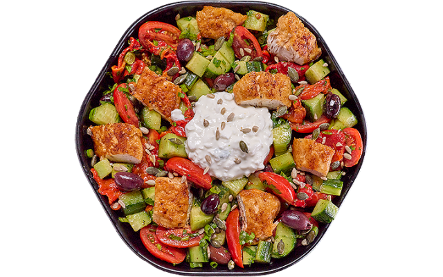 ФРЕШ БОУЛ С ЗАПЕЧЁННОЙ КУРИЦЕЙ И ТВОРОЖНЫМ СЫРОМ